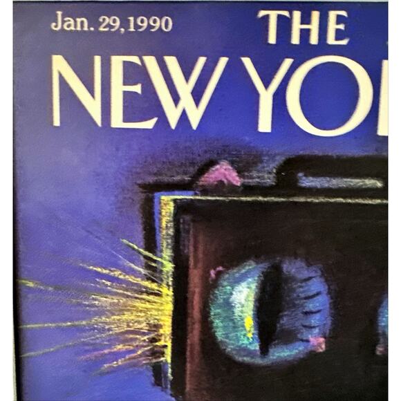 Framed 1990 New Yorker Magazine Jan 29 Andre Francois Art Cat Briefcase Head - Picture 2 of 3